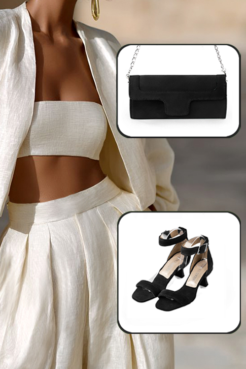 Dress sandals ankle strap in matt black leather with medium spool heels and square toe - Top view
